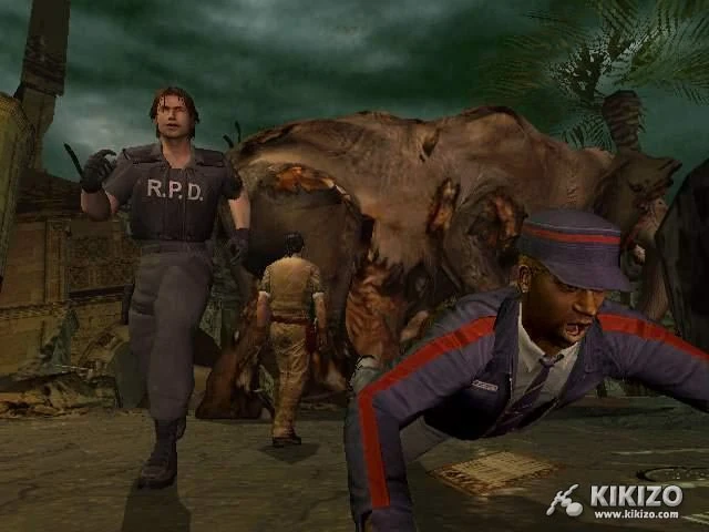An early File #2 publicity screenshot of survivors fleeing an elephant in the zoo setting.