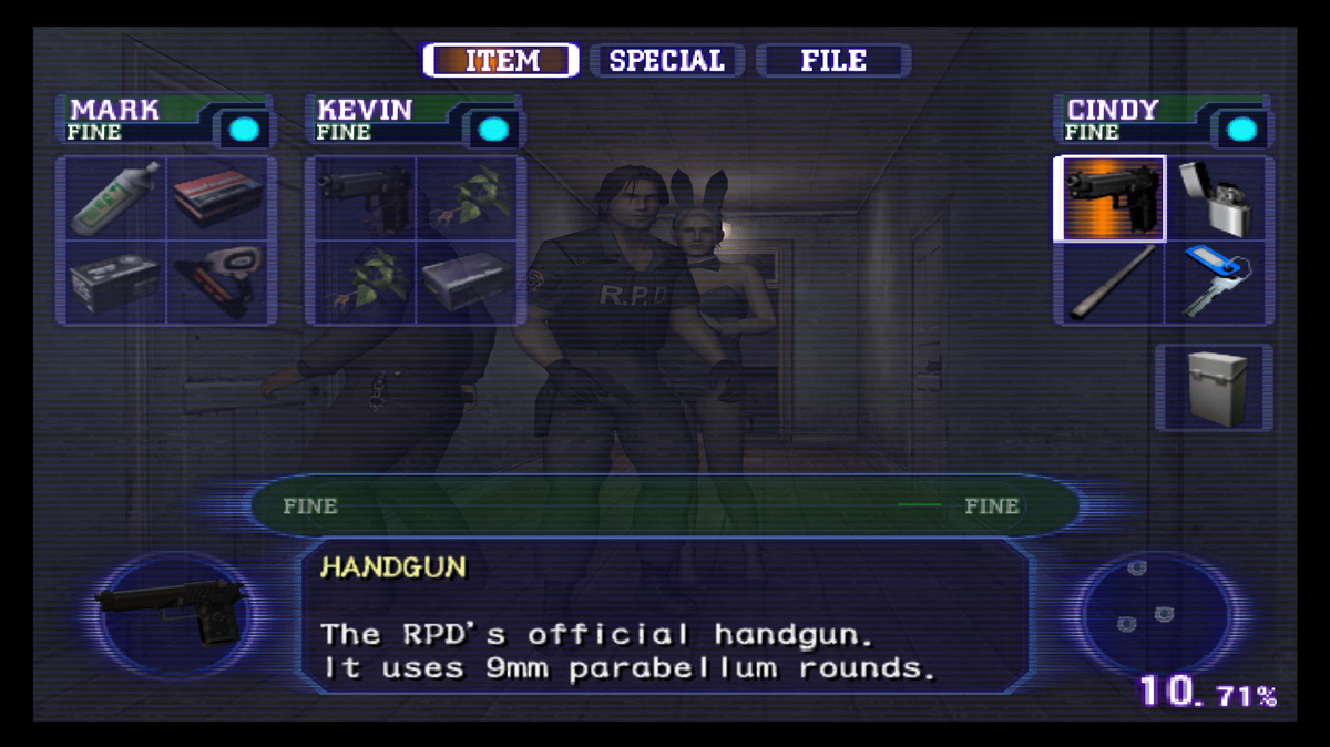 The original-game inventory screen showing Mark, Kevin and Cindy, their items and the virus gauge.