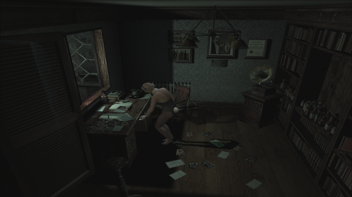 A survivor opening the desk drawer beside the Owner’s room window; the bottle portrait is visible on the right wall.