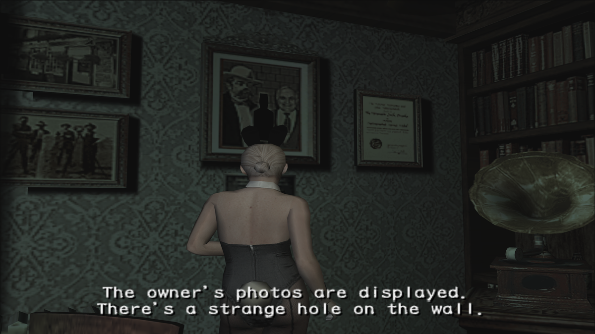 The bottle-shaped opening in the wall portrait in the Owner’s room, with a gramophone beside it.